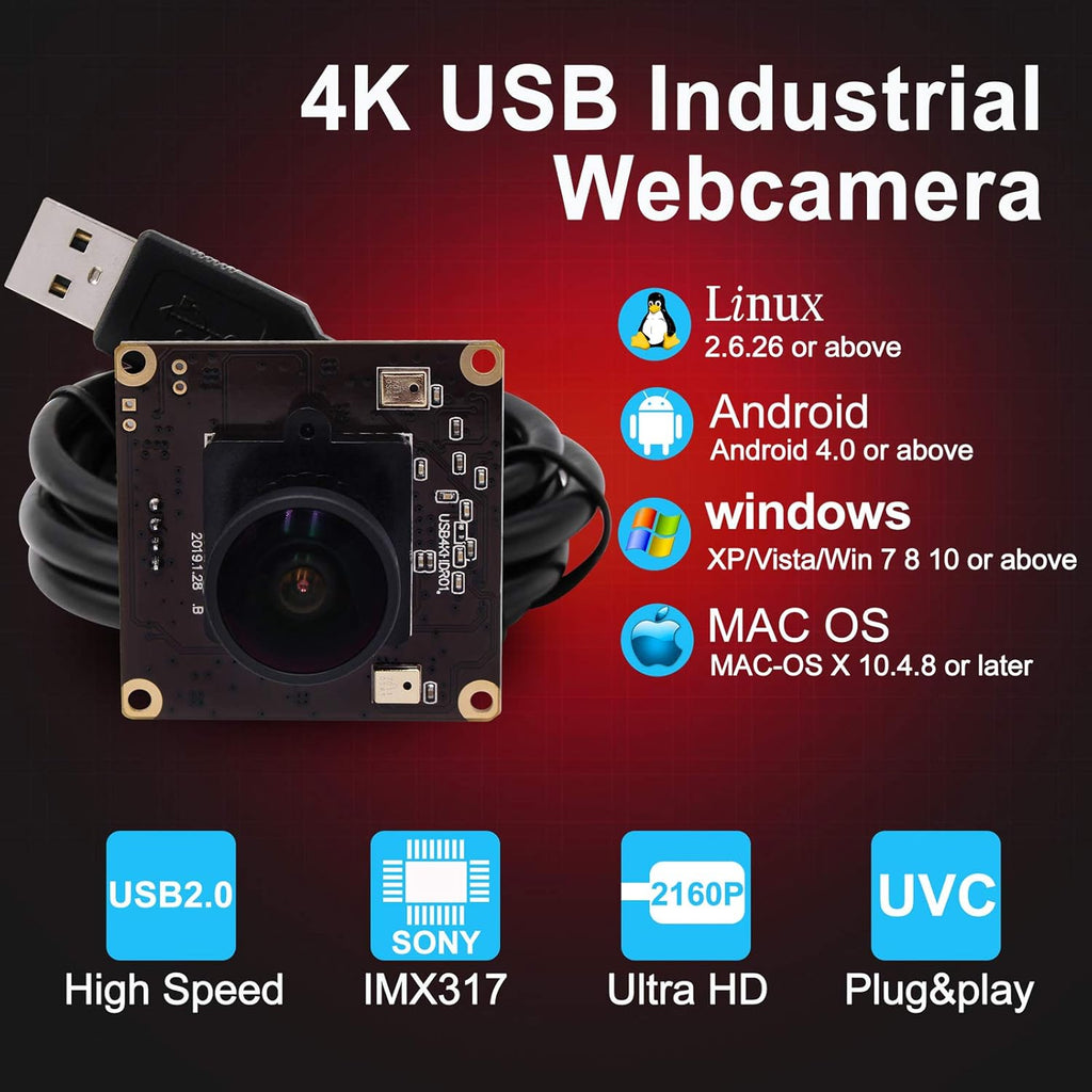 USB 4K Webcam Mini Camera Module Avec 170 Degrees, Camera Web Ultra HD 2160P Avec Capteur IMX317 Aluminium Webcamera UVC Support, Plug & Play for Windows, Android, Mac, Linux