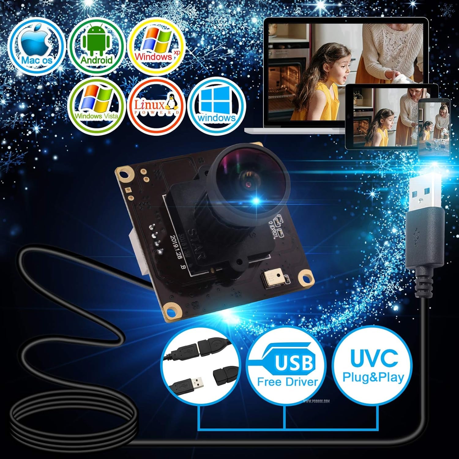USB 4K Webcam Mini Camera Module Avec 170 Degrees, Camera Web Ultra HD 2160P Avec Capteur IMX317 Aluminium Webcamera UVC Support, Plug & Play for Windows, Android, Mac, Linux