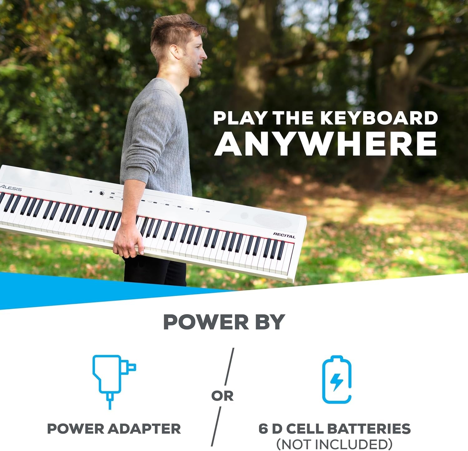 Recital White - 88 Key Digital Piano Keyboard with Semi-Weighted Keys, 2X20W Speakers, 5 Voices, Split, Layer and Lesson Mode, FX and Piano Lessons