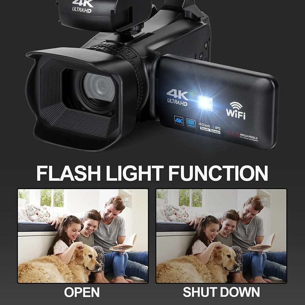 Video Camera, 4K Camcorder 64MP Digital Camera with Manual Focus, 4.0" Touch Screen 18X Digital Zoom Vlogging Camera for Youtube, with Wifi, Remote Control, 32GB SD Card and Batteries