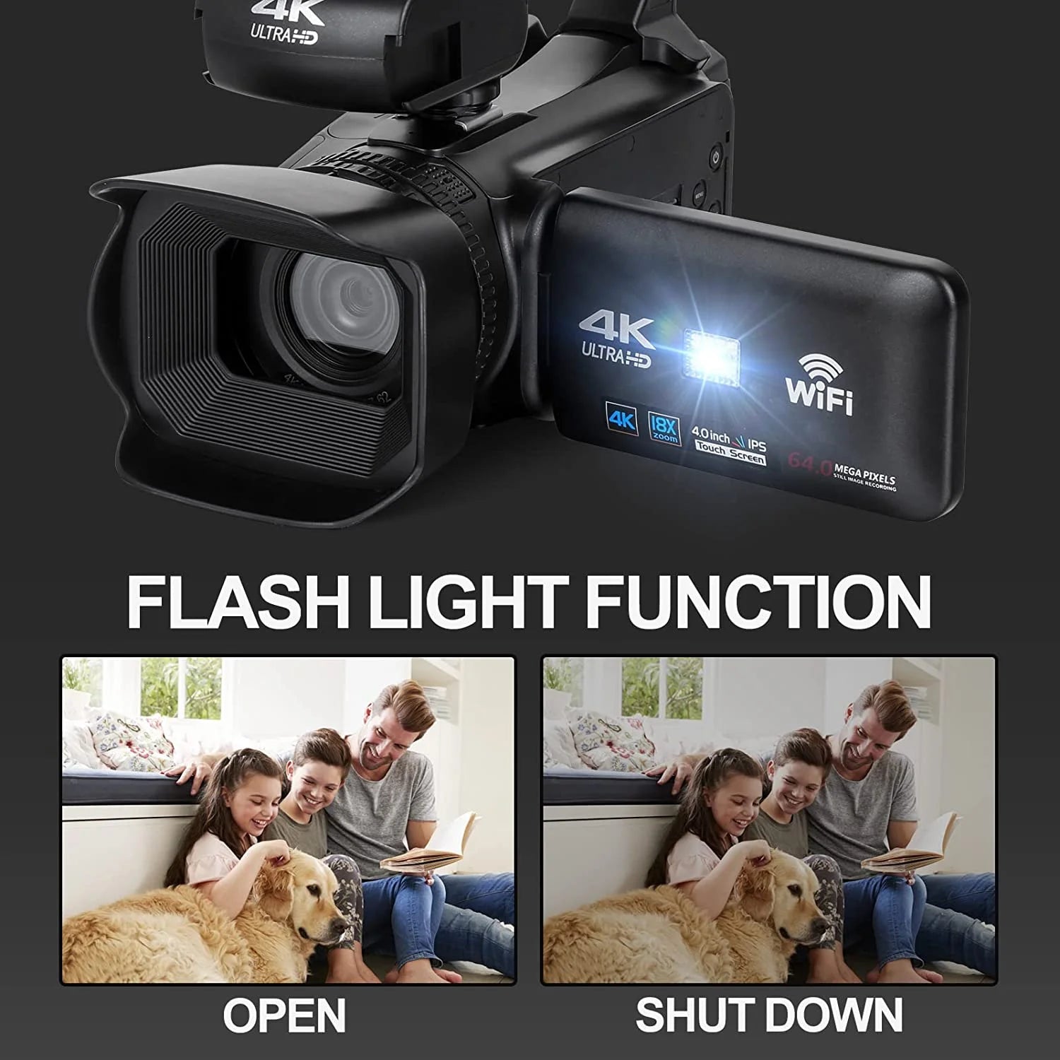 Video Camera, 4K Camcorder 64MP Digital Camera with Manual Focus, 4.0" Touch Screen 18X Digital Zoom Vlogging Camera for Youtube, with Wifi, Remote Control, 32GB SD Card and Batteries