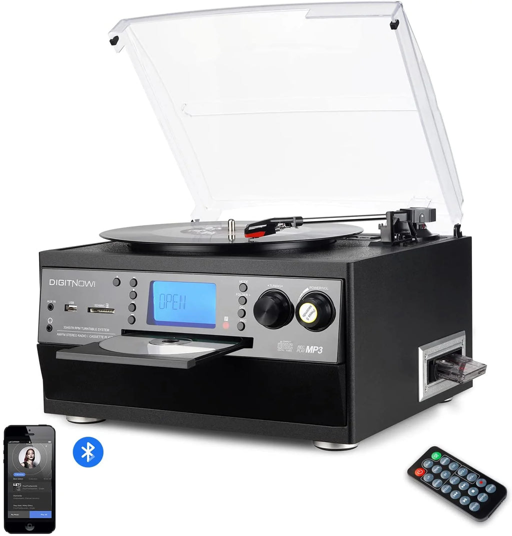 Bluetooth Record Player Turntable with Stereo Speaker, CD Player, Cassette, Radio, Aux in and SD Encoding, Remote Control