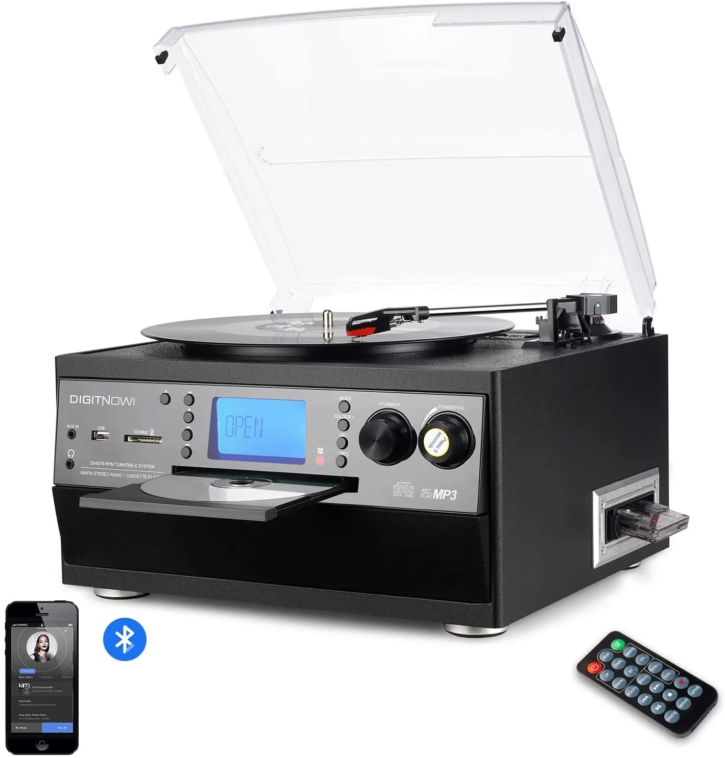 Bluetooth Record Player Turntable with Stereo Speaker, CD Player, Cassette, Radio, Aux in and SD Encoding, Remote Control