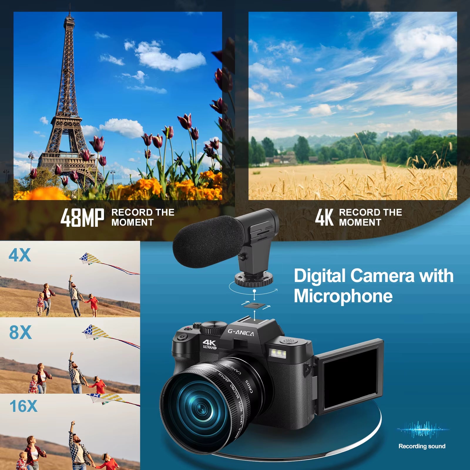 4K Digital Camera for Photography 48MP Vlogging Camera for Youtube with Microphone Wifi 3-Color Filter and Tripod Grip
