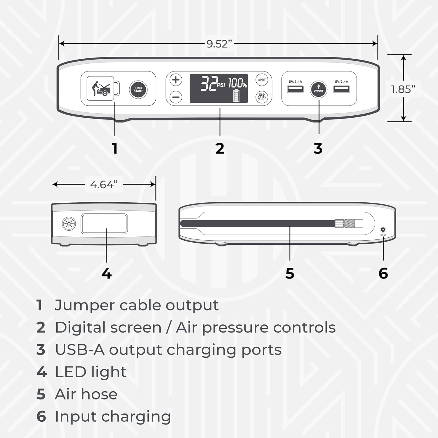 Bolt Air 58830 Portable Car Battery Jump Starter | 100 PSI Air Compressor, 58.8Wh USB Power Bank, Emergency Floodlight & Charger, Jumps Cars Suvs & Trucks, Inflates Tires, TSA Approved — Black