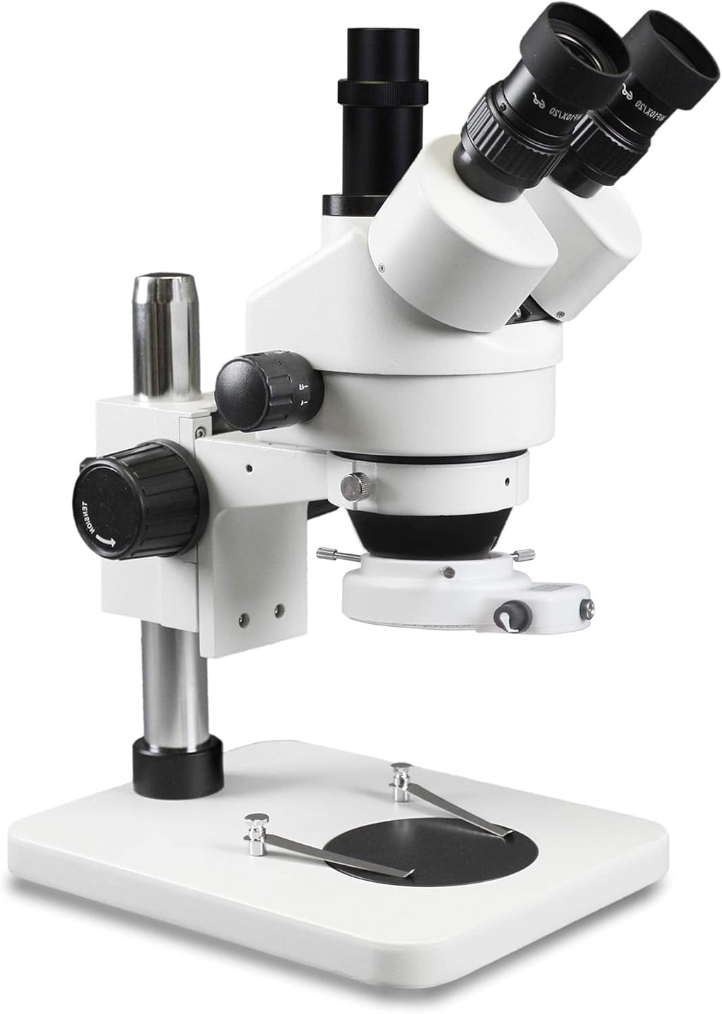 PA-1FX-IFR09W Trinocular Zoom Stereo Microscope | 10X Widefield Eyepiece | 0.7X—4.5X Zoom Range, 3.5X—45X Magnification Range, 0.5X Barlow Lens | Pillar Stand | 144-LED Ring Light