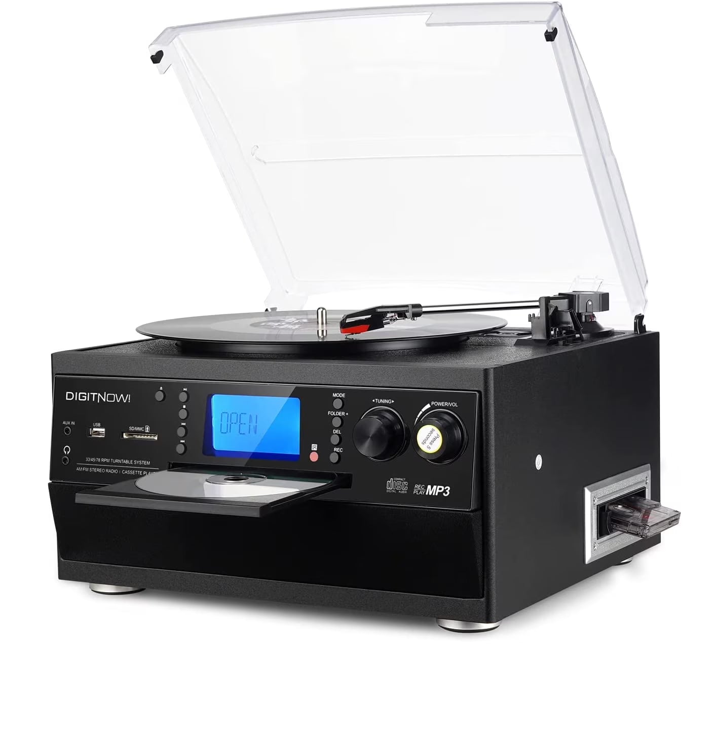 Bluetooth Record Player Turntable with Stereo Speaker, CD Player, Cassette, Radio, Aux in and SD Encoding, Remote Control