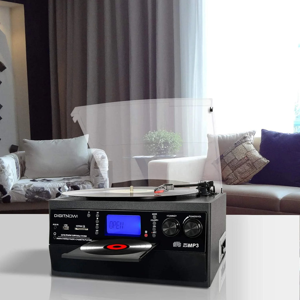 Bluetooth Record Player Turntable with Stereo Speaker, CD Player, Cassette, Radio, Aux in and SD Encoding, Remote Control