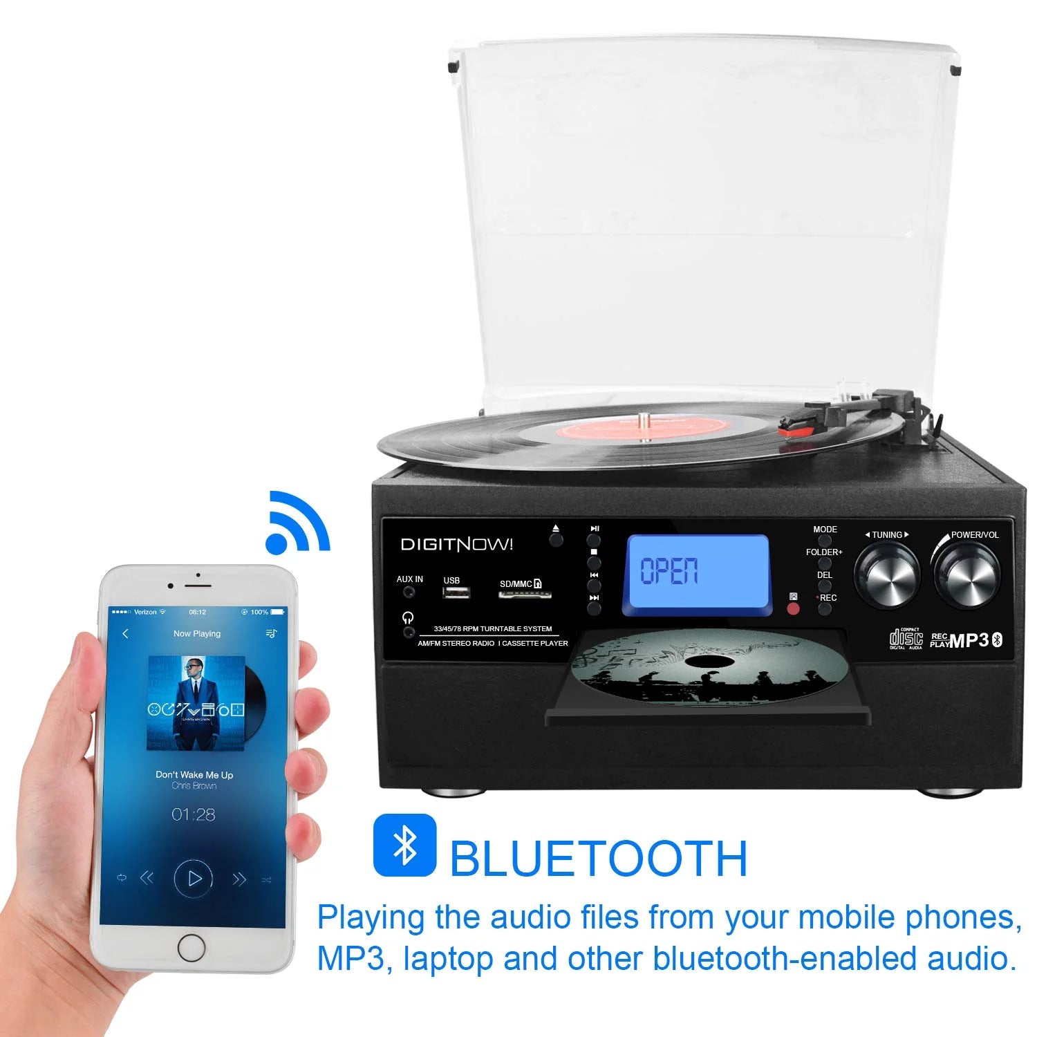 Bluetooth Record Player Turntable with Stereo Speaker, CD Player, Cassette, Radio, Aux in and SD Encoding, Remote Control