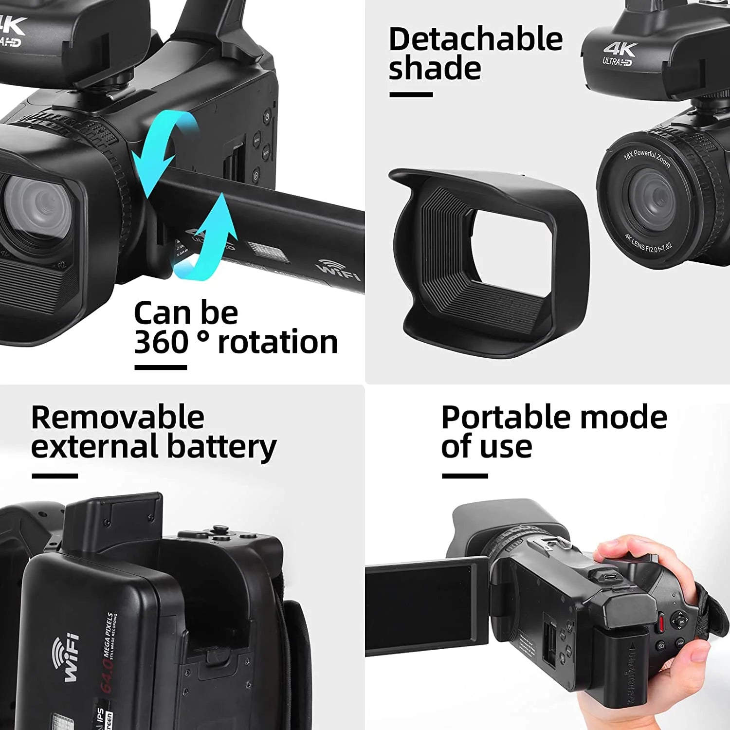 Video Camera, 4K Camcorder 64MP Digital Camera with Manual Focus, 4.0" Touch Screen 18X Digital Zoom Vlogging Camera for Youtube, with Wifi, Remote Control, 32GB SD Card and Batteries