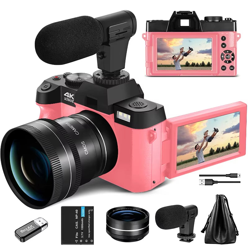 Macro Lens 4K Pink Digital Camera Flip Screen Selfie Camera 48MP Youtube Vlog WIFI Network Camera 16X Digital Zoom