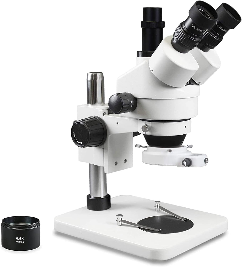 PA-1FX-IFR09W Trinocular Zoom Stereo Microscope | 10X Widefield Eyepiece | 0.7X—4.5X Zoom Range, 3.5X—45X Magnification Range, 0.5X Barlow Lens | Pillar Stand | 144-LED Ring Light