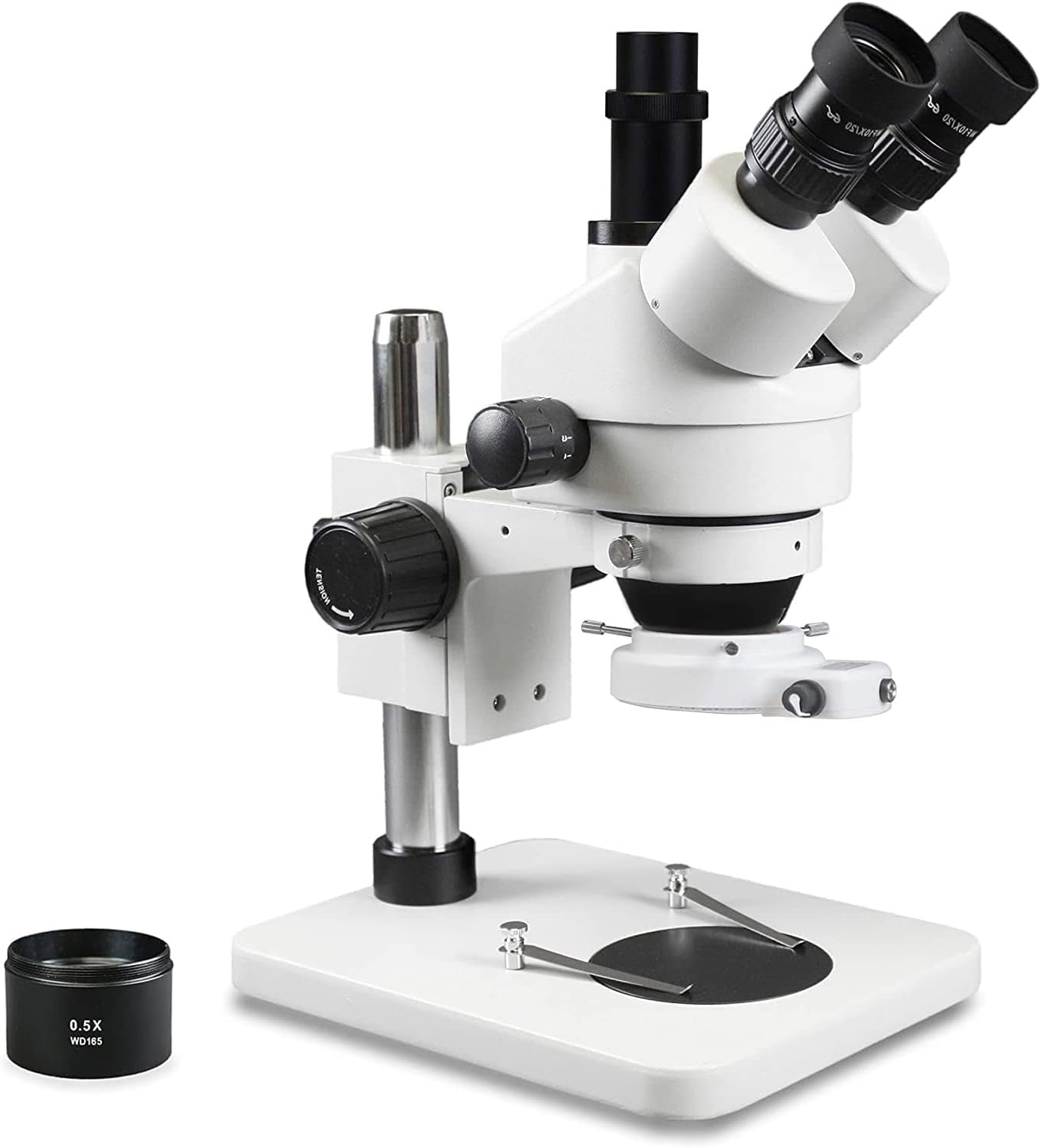 PA-1FX-IFR09W Trinocular Zoom Stereo Microscope | 10X Widefield Eyepiece | 0.7X—4.5X Zoom Range, 3.5X—45X Magnification Range, 0.5X Barlow Lens | Pillar Stand | 144-LED Ring Light
