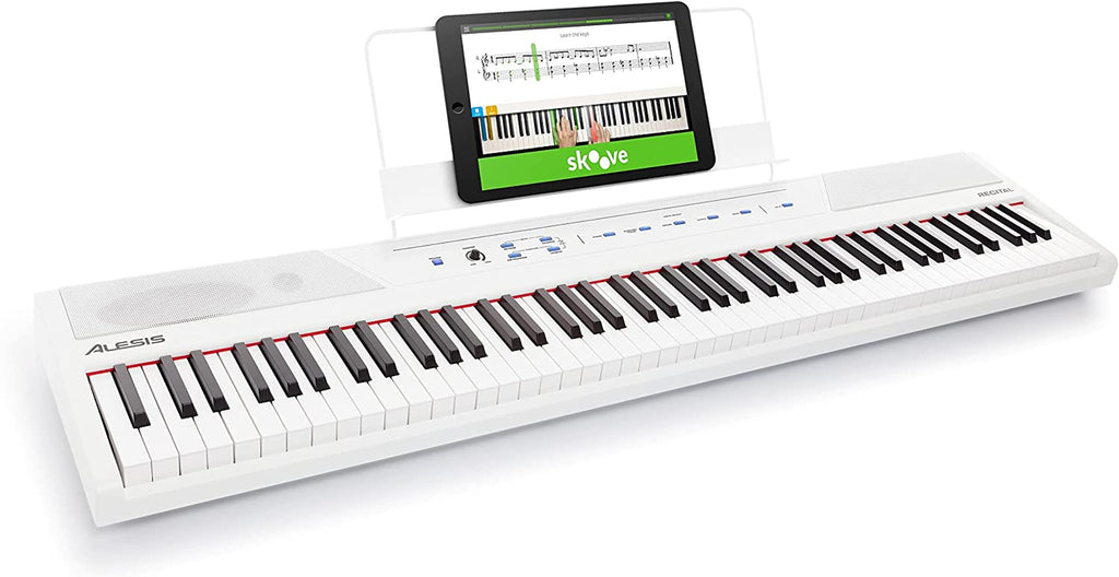 Recital White - 88 Key Digital Piano Keyboard with Semi-Weighted Keys, 2X20W Speakers, 5 Voices, Split, Layer and Lesson Mode, FX and Piano Lessons