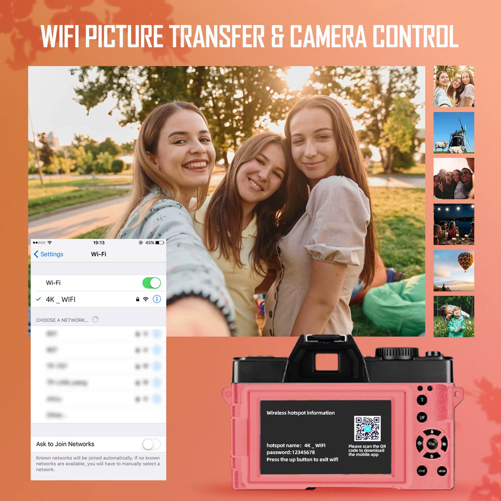 Macro Lens 4K Pink Digital Camera Flip Screen Selfie Camera 48MP Youtube Vlog WIFI Network Camera 16X Digital Zoom