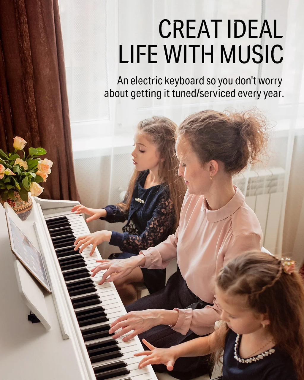 DDP-100 88-Key Weighted Action Digital Piano for Beginner Bundle with Piano Keyboard Stand, Power Adapter, Triple Pedals, MP3 Function, USB-MIDI, 2 Headphone Jacks, White, Melodics Lessons