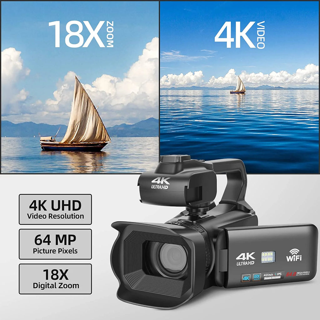 Video Camera, 4K Camcorder 64MP Digital Camera with Manual Focus, 4.0" Touch Screen 18X Digital Zoom Vlogging Camera for Youtube, with Wifi, Remote Control, 32GB SD Card and Batteries